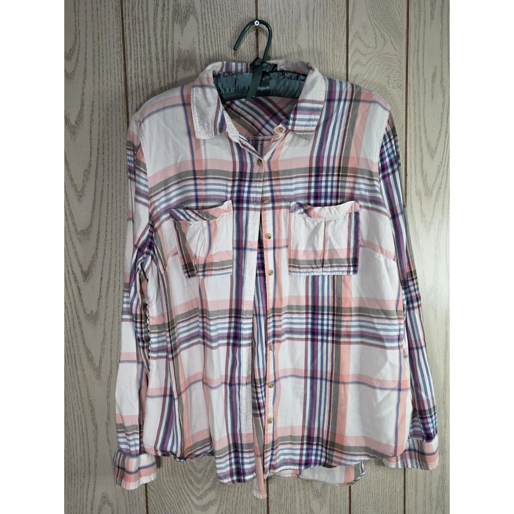 Maurices Plus Size Pink Plaid Flannel Button Up Shirt Side Lace Detail Sz 1